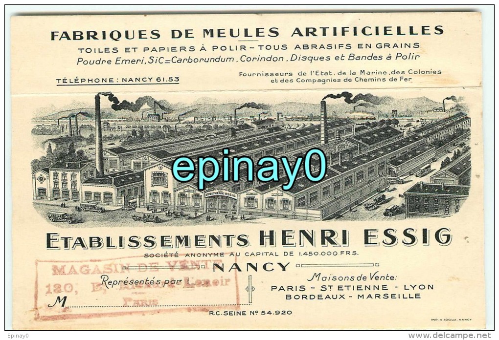 Br - 54 - NANCY - établissement Henri ESSIG - Fabrique De Meules - Toiles Et Papiers à Polir - RARE DOCUMENT - Nancy