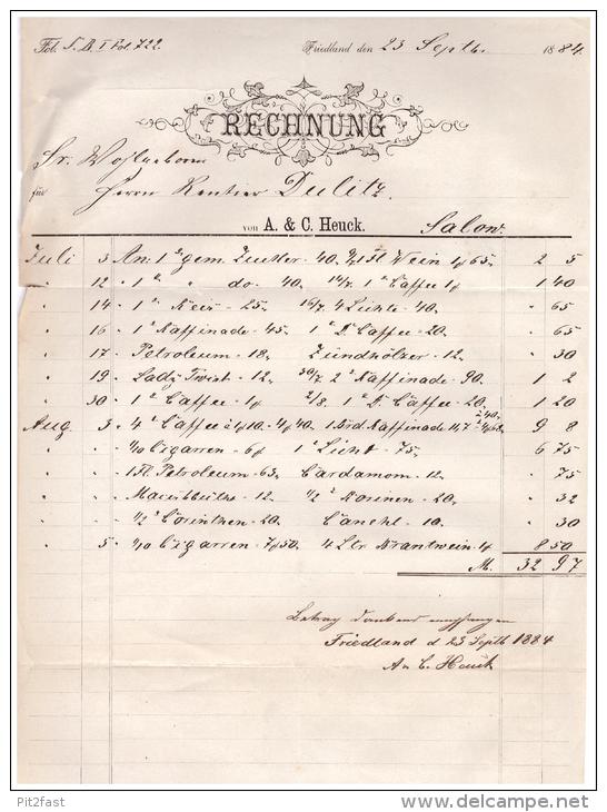 Uralte Rechnung 1884 - A. & C. Heuck In Friedland , Salow , Dulitz , Kaffee , Cigarren , Mecklenburg !!! - 1800 – 1899