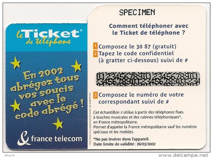 Ticket PR101 -  NEUF   -    VOEUX  2002      -      Echantillon 5mn  -  Spécimen  RARE  !!!! - Tickets FT