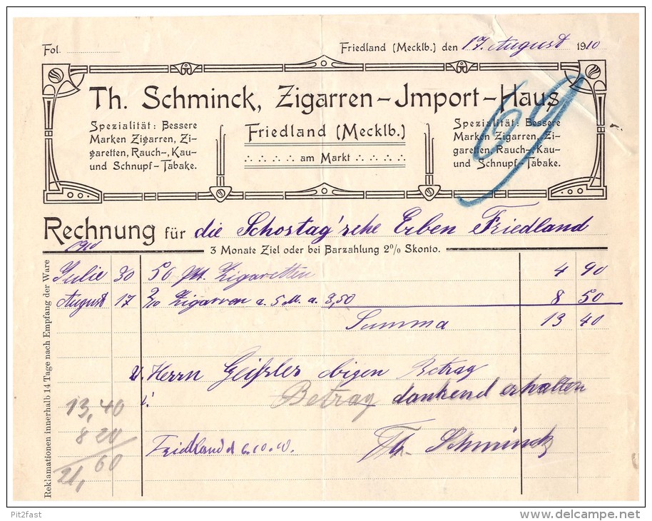 Uralte Rechnung 1910 - Th. Schminck In Friedland , Zigarren - Haus , Tabak , Schostag , Mecklenburg !!! - 1900 – 1949