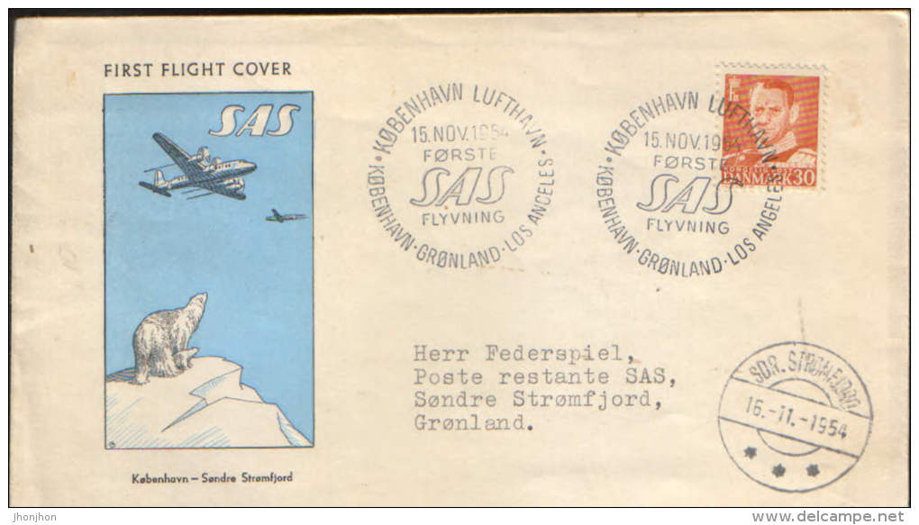 Denmark -Cover Occasionally 1954 - The First Envelope Flying On The Route Copenhagen, Greenland, Los Angeles - Expediciones árticas