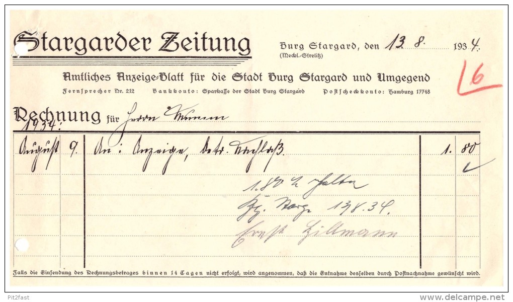 Uralte Rechnung 1934 - Stargarder Zeitung In Burg Stargard , Anzeige - Blatt , Hillmann , Mecklenburg !!! - Printing & Stationeries