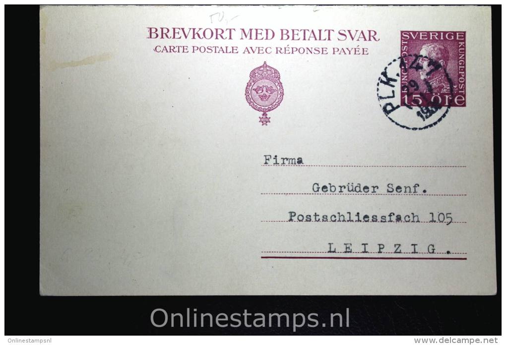 Sweden Postcard Mi Nr P 44 Med Betalt Svar Ystad To Leipzig Germany, 1931, Complete Set - Ganzsachen