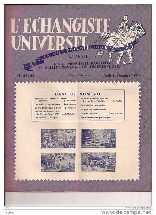 L´ECHANGISTE UNIVERSEL "LA VIE PHILATELIQUE" REVUE MENSUELLE ILLUSTREE 25 AOUT SEPTEMBRE1954 REF 15333 - French (from 1941)