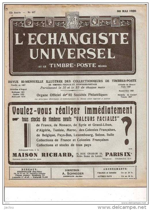 ECHANGISTE UNIVERSEL ET TIMBRES POSTE REUNIS 30 MAI 1938 REF 15337 - Français (jusque 1940)