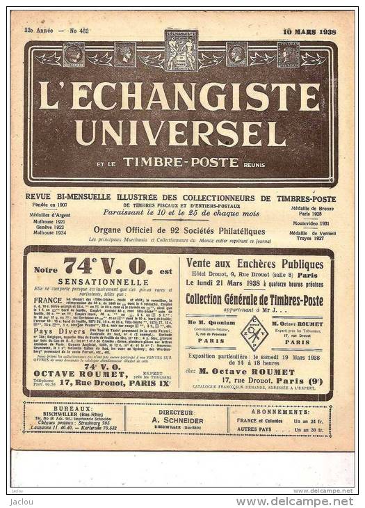 ECHANGISTE UNIVERSEL ET TIMBRES POSTE REUNIS 10 MARS 1938 REF 15342 - Francés (hasta 1940)