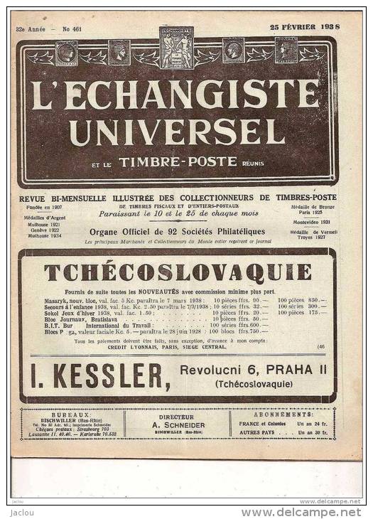 ECHANGISTE UNIVERSEL ET TIMBRES POSTE REUNIS 25 FEVRIER 1938 REF 15343 - Français (jusque 1940)