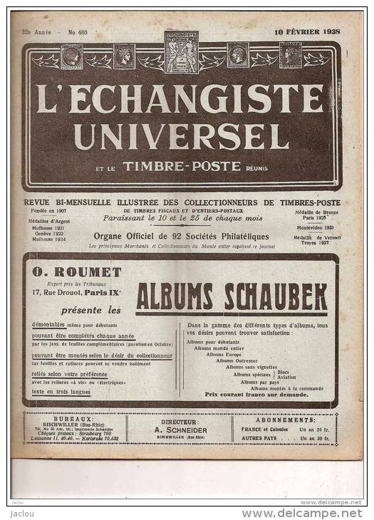 ECHANGISTE UNIVERSEL ET TIMBRES POSTE REUNIS 10 FEVRIER 1938 REF 15344 - Französisch (bis 1940)
