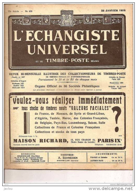 ECHANGISTE UNIVERSEL ET TIMBRES POSTE REUNIS 25 JANVIER 1938 REF 15345 - Francesi (prima Del 1940)