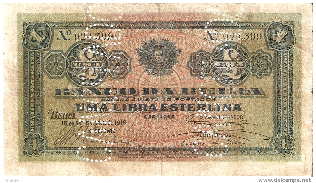 BILLETE DE MOZAMBIQUE DE 1 LIBRA ESTERLINA DEL AÑO 1919  (BANKNOTE) CANCELADO - Mozambique