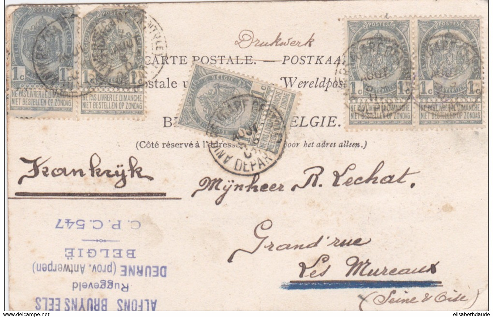 1905 - BEL AFFRANCHISSEMENT Sur CARTE POSTALE De ANVERS Pour La FRANCE - 1893-1907 Coat Of Arms