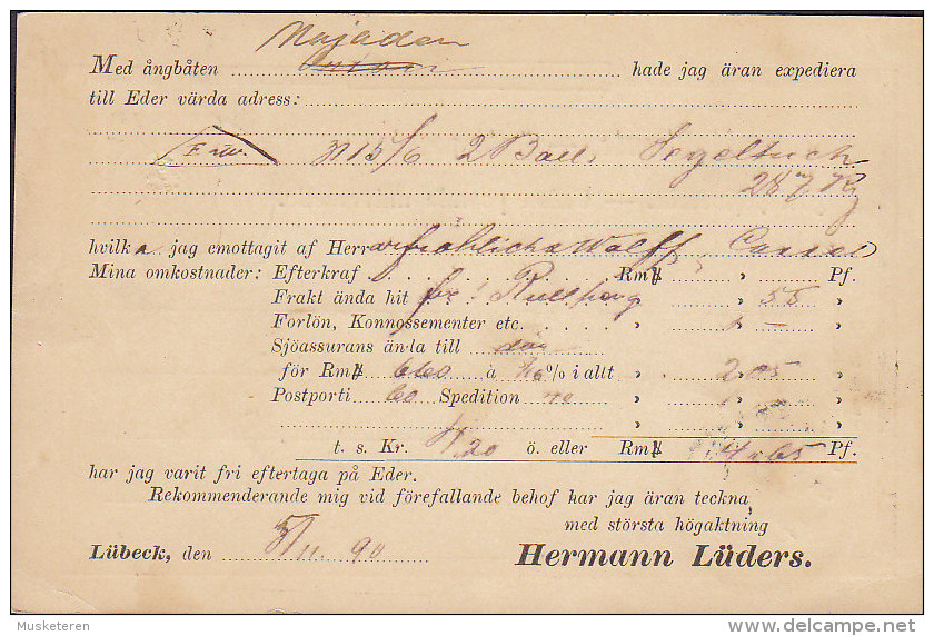 Reichspost Postal Stationery Ganzsache Privat HERMANN LÜDERS, LÜBECK (Swedish Text) 1890 Denmark (2 Scans) - Cartes Postales