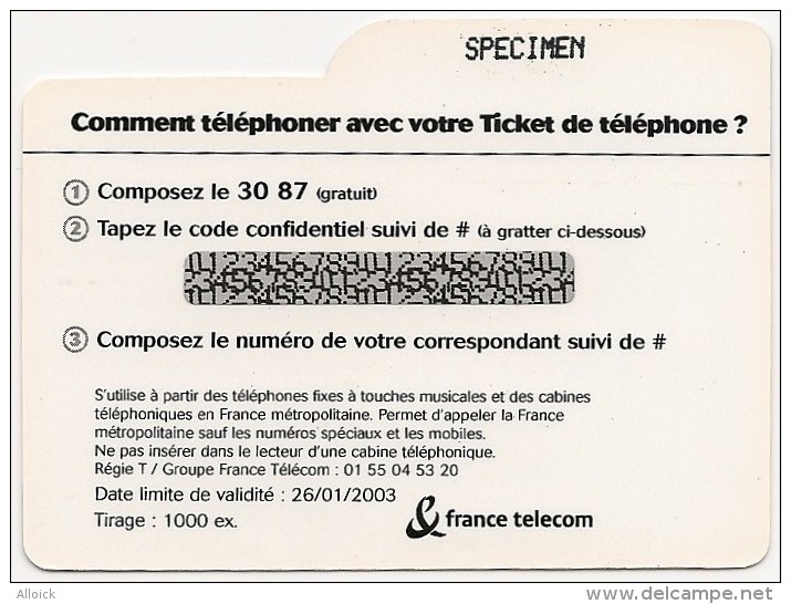 Ticket PR134   -   NEUF  -   SIT  2002   -   échantillon 3mn  -  SPECIMEN - Tickets FT