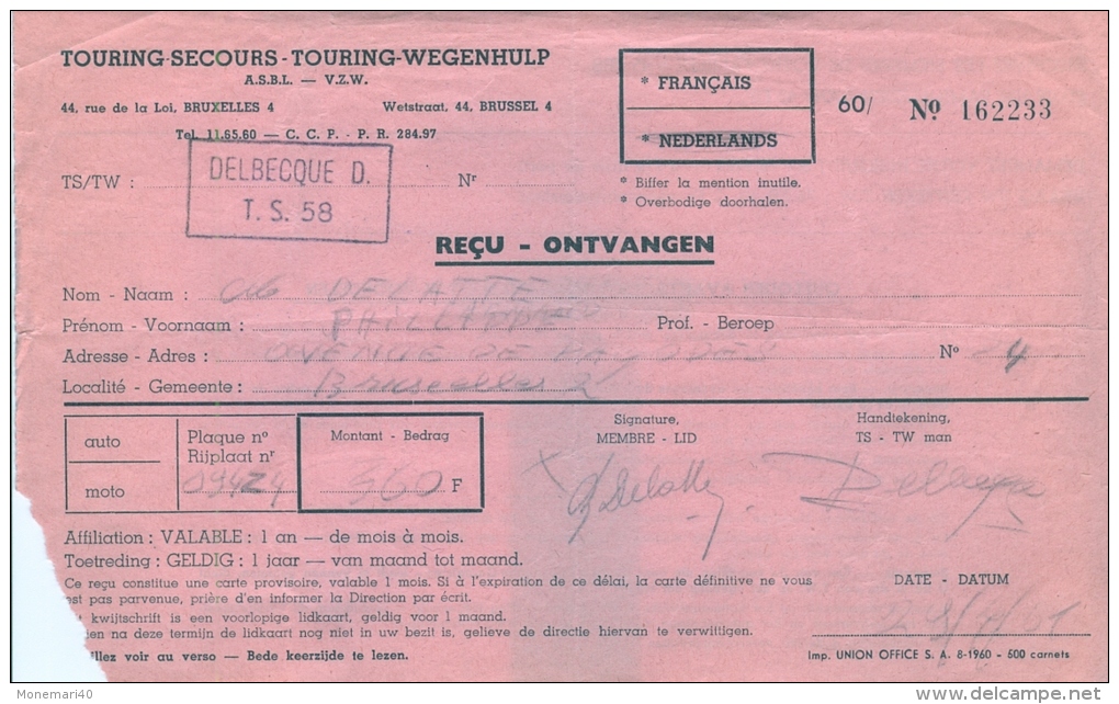 TOURING SECOURS - TOURING WEGENHULP A.S.B.L. - V.Z.W. - BRUXELLES - Reçu D´affiliation (29 Avril 1961) - Sport En Toerisme