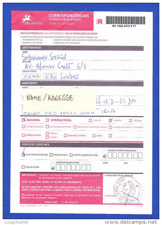 COURRIER RECOMMANDÉ - ACCEPTATION DES COUPONS -- CACHET . FORTE DA CASA - 23.02.09 - Briefe U. Dokumente