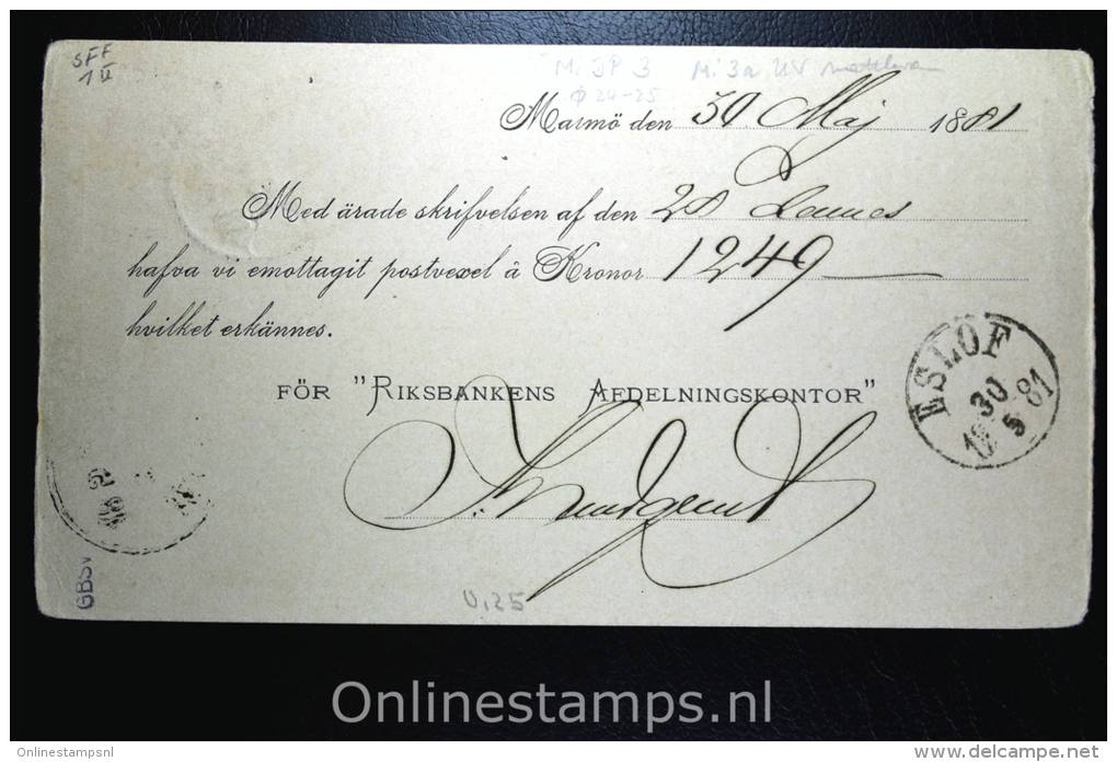 Sweden: Service Postcard  Mi DP 3 , 1881 Malmö - Postal Stationery