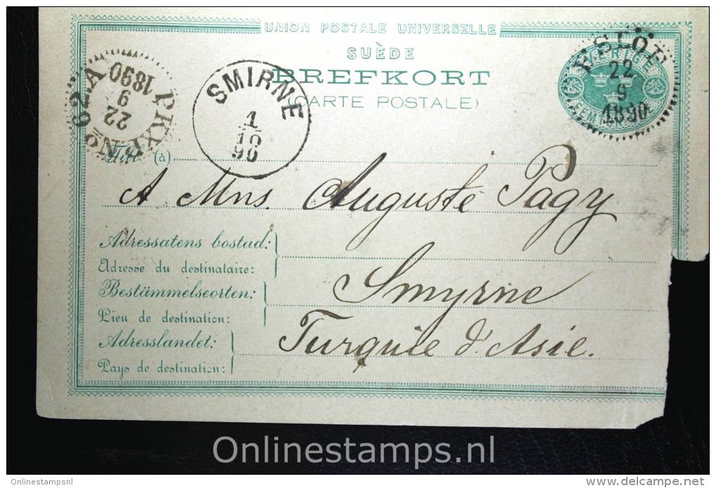 Sweden: Mi P 14,15 Ore,Eslöv To Smyrne, Levant Turkey, 1890, RRR &euro; 1400 Cat Card Is Damaged. - Entiers Postaux