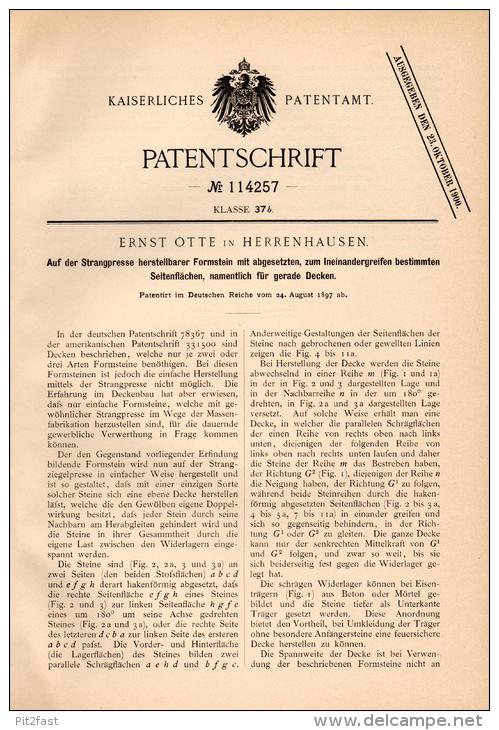 Original Patentschrift - Ernst Otte In Herrenhausen B. Hannover , 1897 , Strangpresse Für Formsteine , Presse , Steine ! - Maschinen