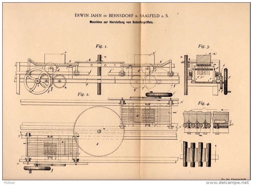 Original Patentschrift - Erwin Jahn In Bernsdorf B. Saalfeld A.S., 1899 , Maschine Für Schiefergriffe , Schiefer !!! - Maschinen