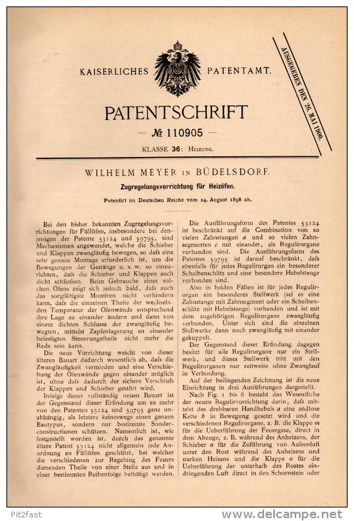 Original Patentschrift - W. Meyer In Büdelsdorf ,1898, Regelung Für Heizöfen , Heizung , Ofen , Heizungsbau , Rendsburg - Rendsburg