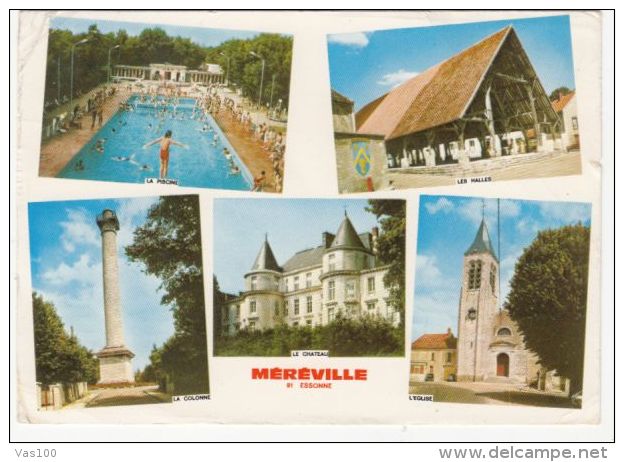 CPA MEREVILLE- LES HALLES, LA PISCINE, LA COLONNE, LE CHATEAU, L'EGLISE - Mereville