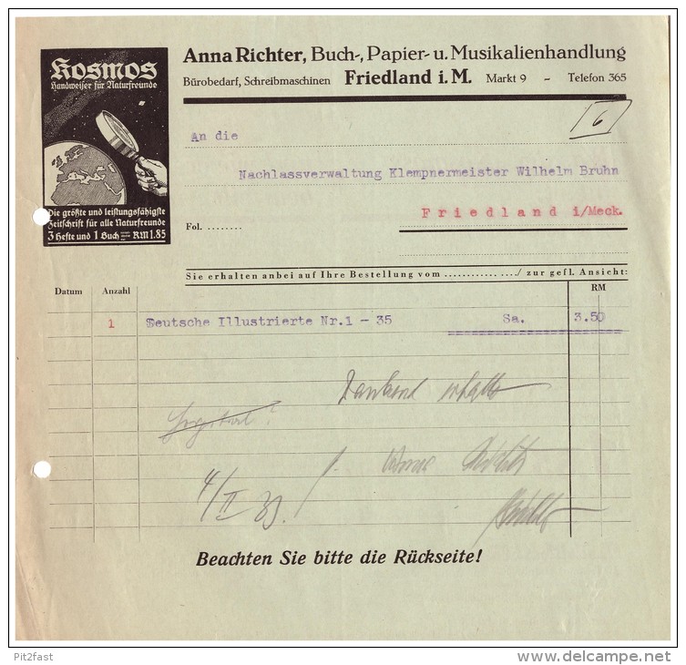 Uralte Rechnung 1932 - Buchhandlung Und Musikalien , A. Richter In Friedland , Mecklenburg !!! Deutsche Illustrierte !! - Stamperia & Cartoleria