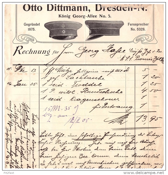 Uralte Rechnung 1907 - Militär - Effekten Und Mützenfabrik O. Dittmann In Dresden !!! - Uniformes