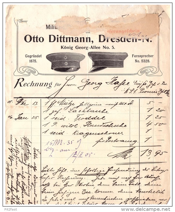 Uralte Rechnung 1907 - Militär - Effekten Und Mützenfabrik O. Dittmann In Dresden !!! - Uniforms