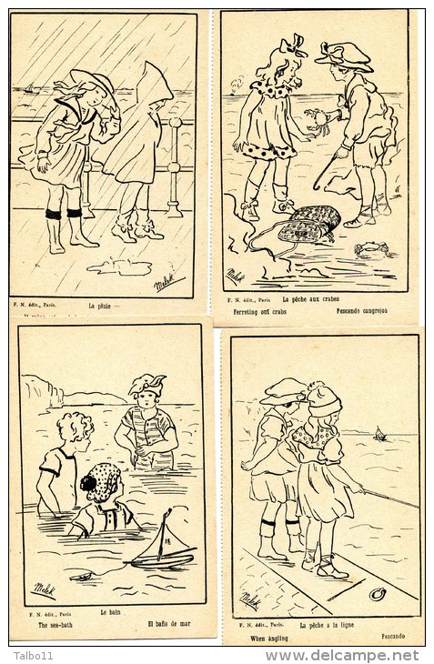 Lot De 5 Cartes - Illustrateur MELEK -  Enfants, Le Bain, Peche, Pluie, Peche Crabes Et Crevette - Autres & Non Classés