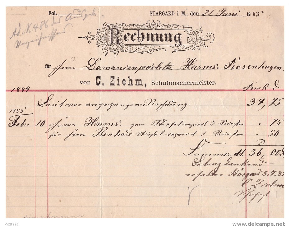 Uralte Rechnung 1885 - C. Ziehm In Burg Stargard , Schuhmacher , Domänenpächter Harms , Rosenhagen , Mecklenburg !!! - Druck & Papierwaren