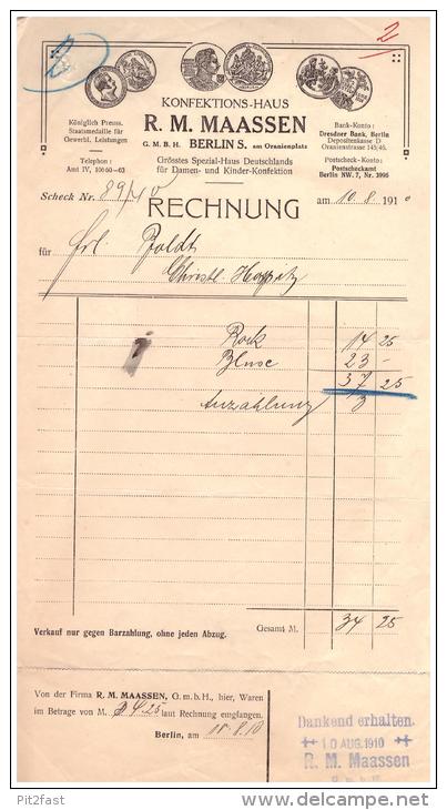 Uralte Rechnung 1910 - R. Maassen In Berlin , Konfektionshaus , Mode , Kleider  !!! - Vestiario & Tessile