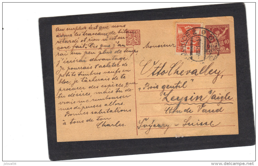 Tchécoslovaquie Entier Postal Avec Complément Affranchissement De Paraubice 1921 Pour Leysin Suisse - Brieven En Documenten