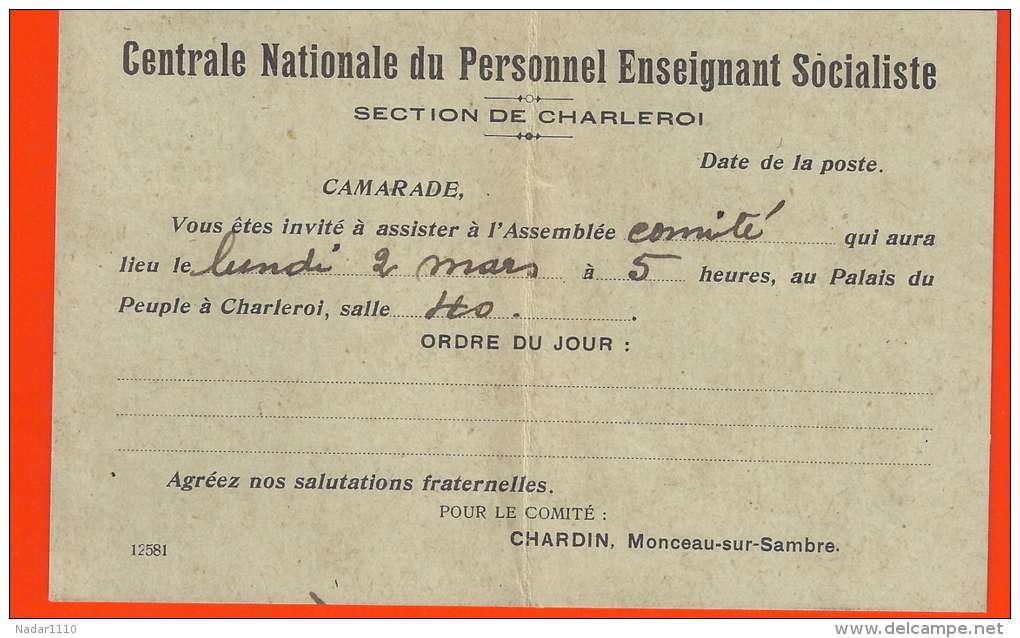 Centrale Nationale Du Personnel Enseignant SOCIALISTE Monceau-sur-Sambre Vers Institutrice à CHATELINEAU 1925 - Political Parties & Elections
