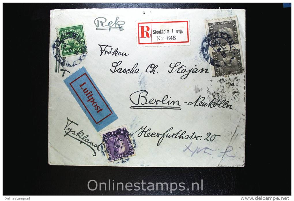 Sweden  Registered Airmail Cover Stockholm  To Berlin, 1925 Mixed Stamps And Very Nice Cancels, Wax Sealed 5 X - Brieven En Documenten