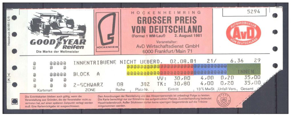 Billet Formule 1 Formula 1 F1 G.P. D'Allemagne Hockenheim 2 Aout 1981 - Tickets D'entrée