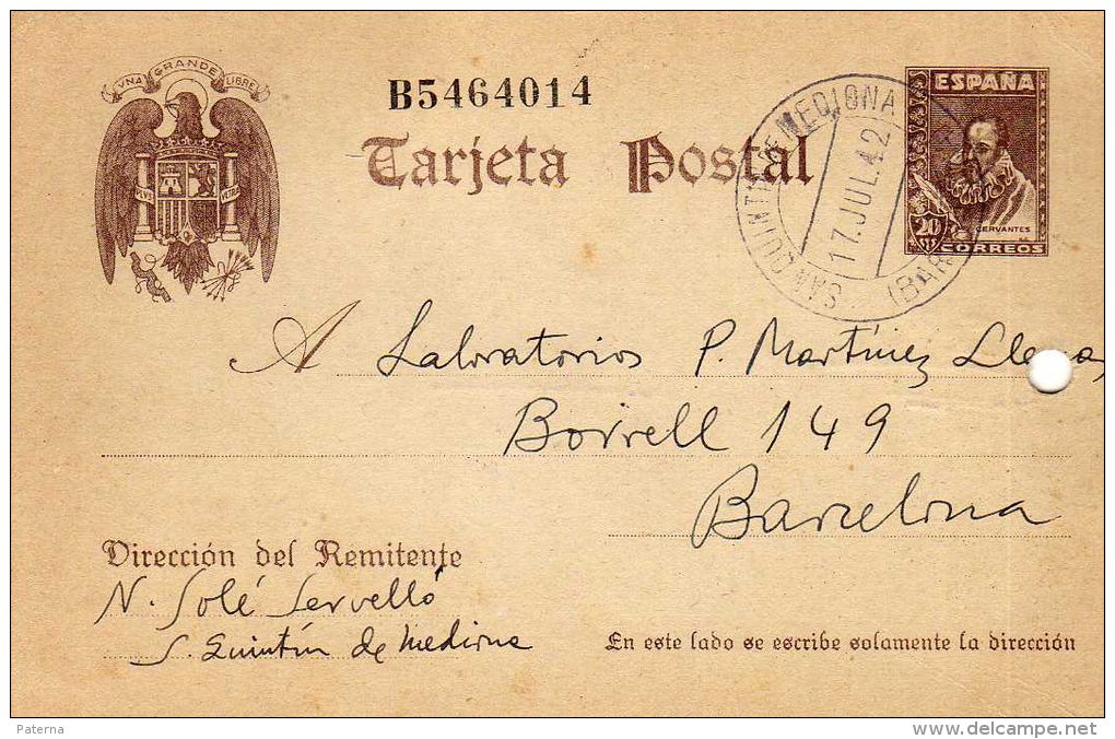 1044   Entero Postal San Quintin De Mediona 1942, Barcelona, Cervantes - 1931-....