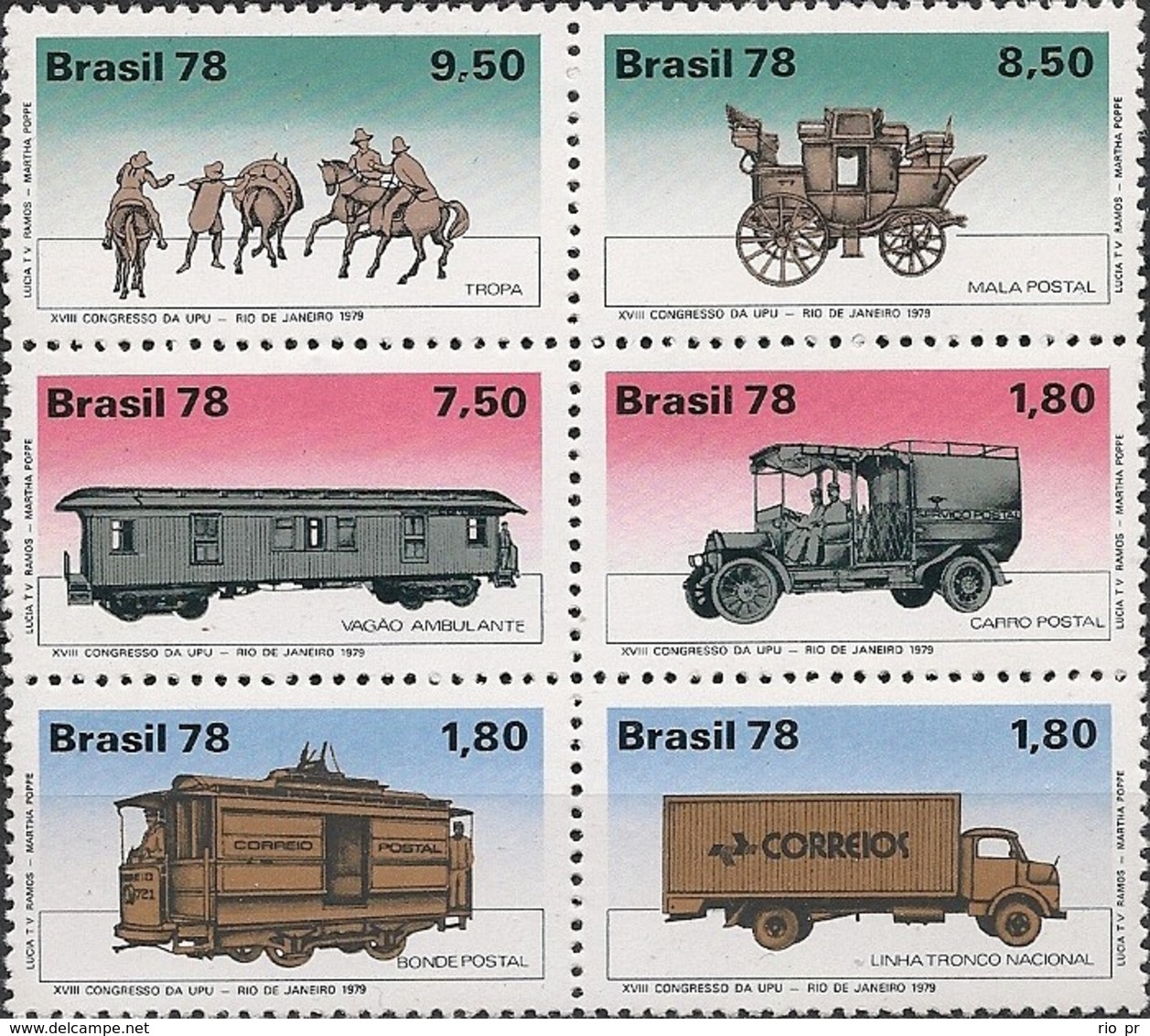 BRAZIL - BLOCK OF SIX HISTORIC MAIL TRANSPORTATIONS 1978 - MNH - Unused Stamps