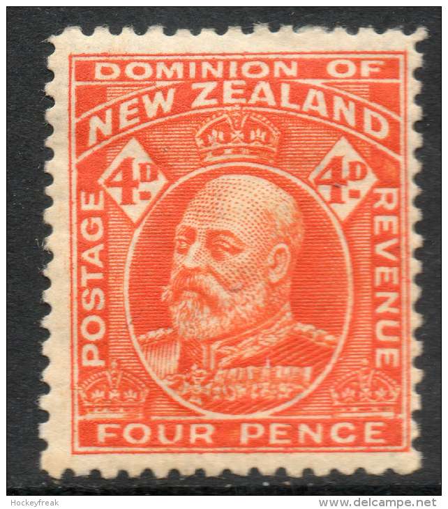 New Zealand 1910 - 4d Orange P14 (line) SG396 MH Cat £22 For HM SG2020 - MUST See Scans & Description Below - Neufs