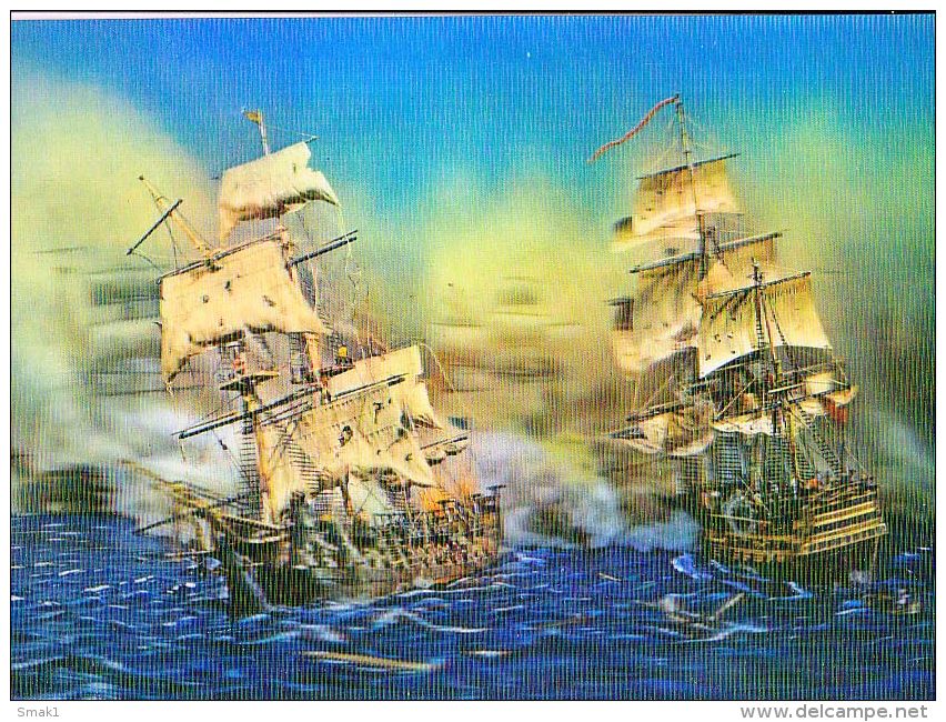 AK SCHIFFE SAIL SHIP NAVAL BATTLE  3 D LENTICULAR 3D TRI DIMENSION ,PRINTED IN JAPAN,OLD POSTCARD - Voiliers