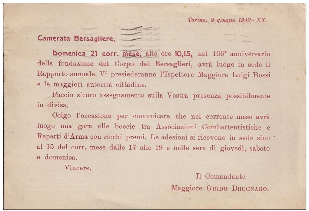 R9 928 - REGGIMENTO BERSALIERI D'ITALIA ALESSANDRO LAMARMORA COMP. GAETANO GIARDINO Di TORINO -VG  - A. 1942 - Reggimenti