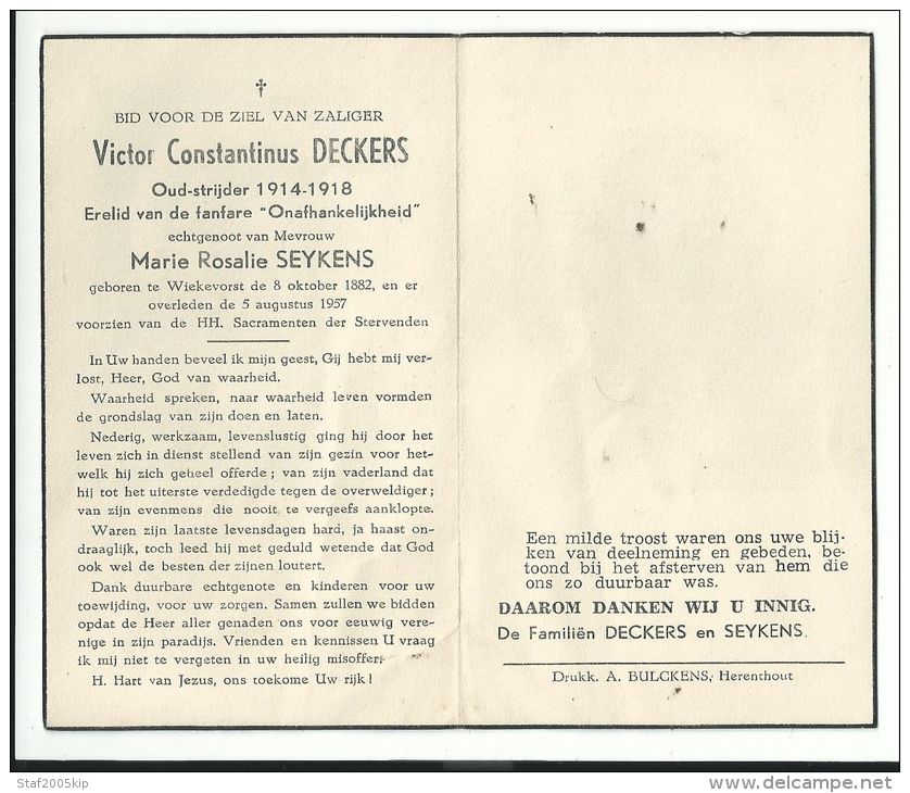 Doodsprentje - Victor Constantius DECKERS (oud-strijder 1914-1918) - Wiekevorst 1882 - 1957 - Religione & Esoterismo