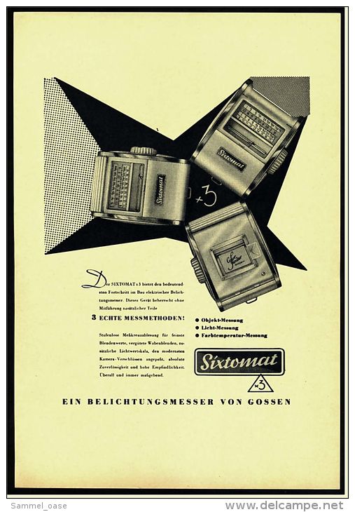 Reklame Werbeanzeige 1956 ,   Sixtomat Belichtungsmesser Von Gossen / Erlangen - Sonstige & Ohne Zuordnung