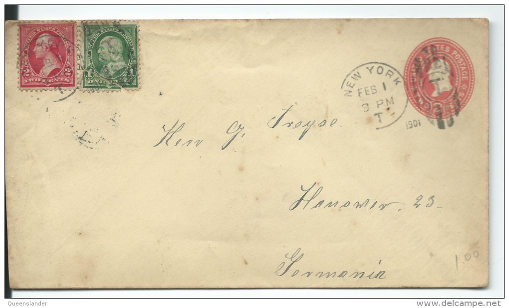 1901 Washington Stamped Envelope Two Cents Plus Additional Postage New York To Germany Front & Back Shown - 1901-20