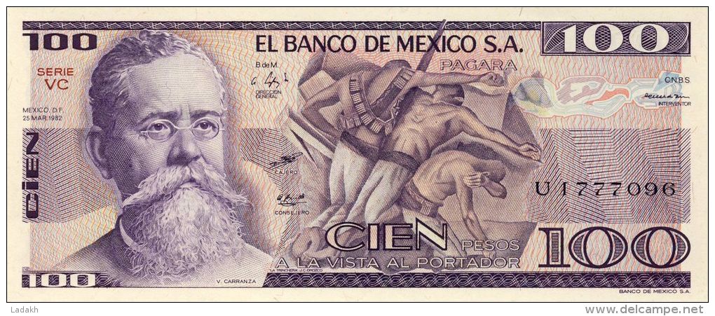 BILLET # MEXIQUE # 100 PESOS # PICK 732 # 1982 # V.CARRANZA # NEUF # - Mexiko