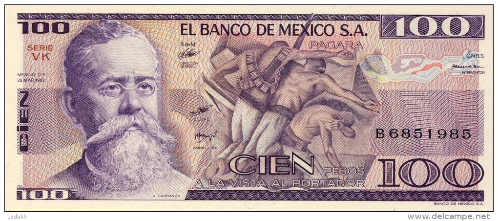 BILLET # MEXIQUE # 100 PESOS # PICK 732 # 1982 # V.CARRANZA # NEUF # - Mexiko