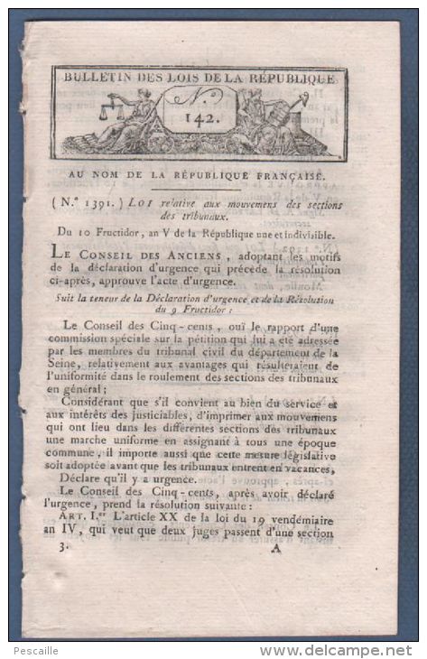 BULLETIN DES LOIS AN V - TRIBUNAUX - MISES HORS LA LOI - PENSIONS - CONSPIRATION ROYALISTE / COUP D'ETAT DU 18 FRUCTIDOR - Gesetze & Erlasse