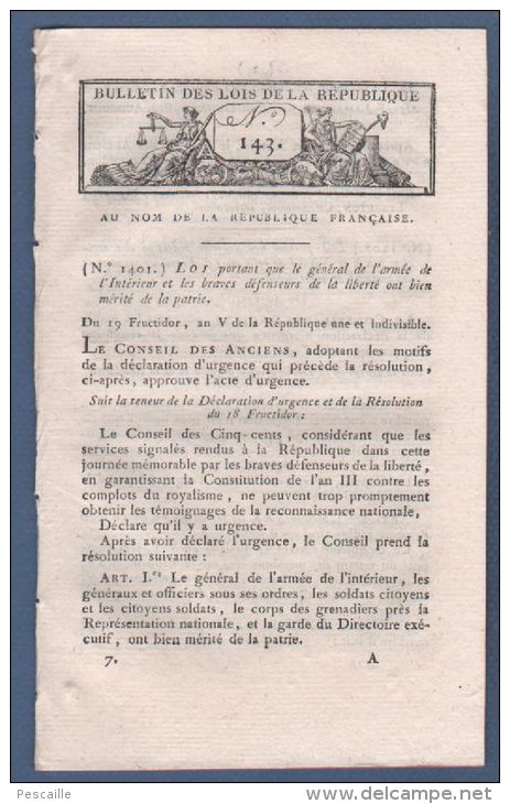 BULLETIN DES LOIS AN V - CONSPIRATION ROYALISTE / COUP D´ETAT DU 18 FRUCTIDOR ADRESSE AUX COMMUNES ET AUX ARMEES - - Décrets & Lois