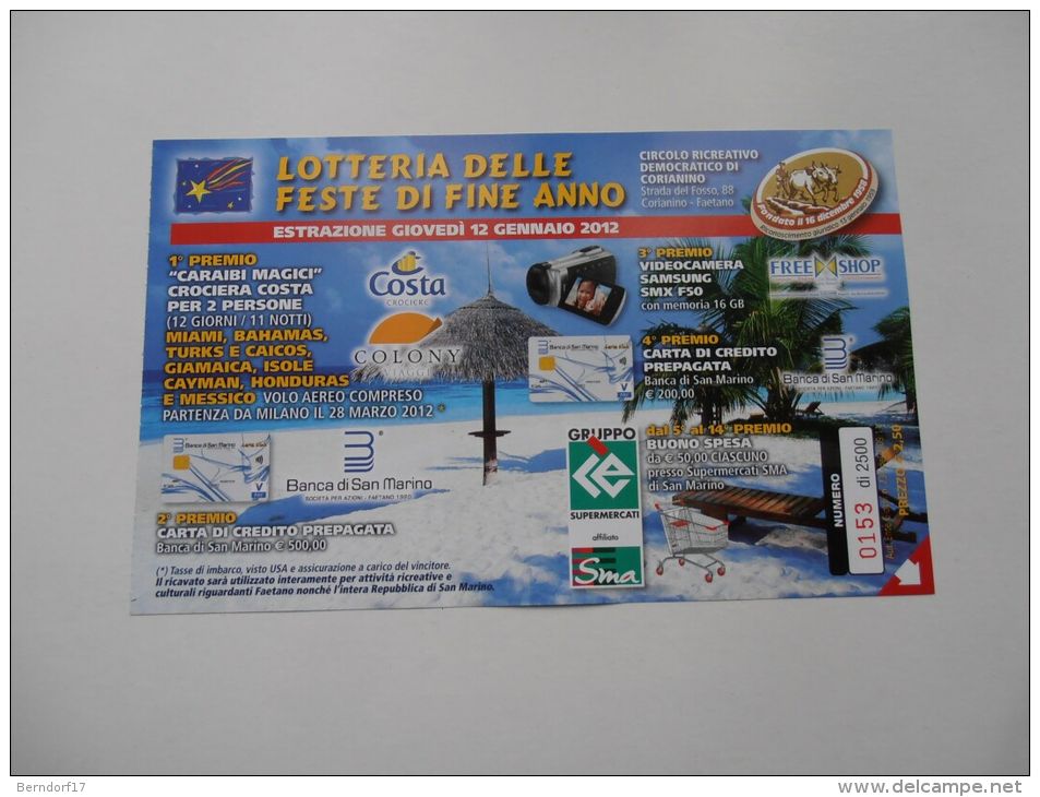 REPUBBLICA DI SAN MARINO - LOTTERIA DELLE FESTE  DI FINE ANNO 2012 - Pubblicitari