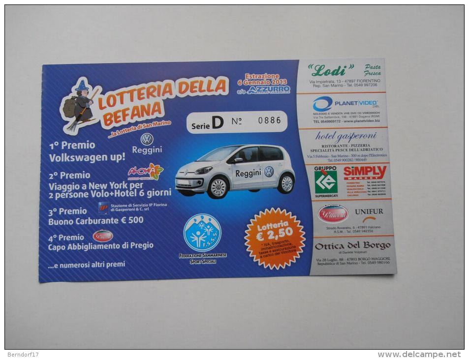 REPUBBLICA DI SAN MARINO - LOTTERIA DELLA BEFANA 2013 - Pubblicitari