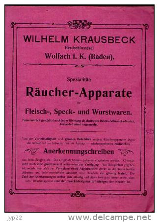 Imprimé En Allemand Wilhem Krausbeck Herdschlosserei Wolfach I. K. Baden Räucher Apparate Fleish Speck & Wurstwaren - 1900 – 1949